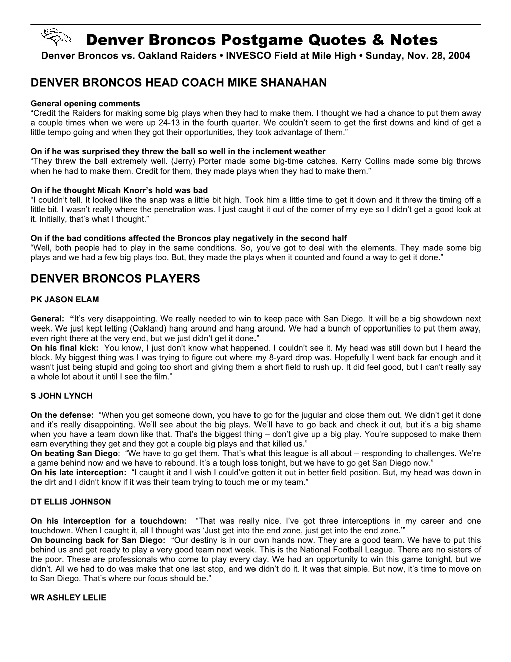 Denver Broncos Postgame Quotes & Notes