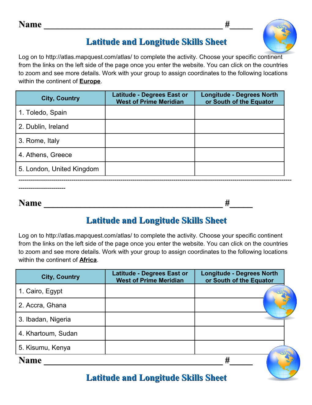 Latitude and Longitude Skills Sheet