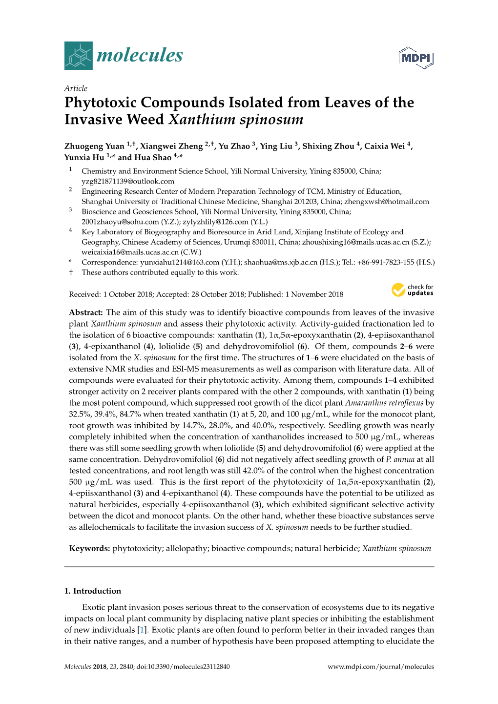 Phytotoxic Compounds Isolated from Leaves of the Invasive Weed Xanthium Spinosum