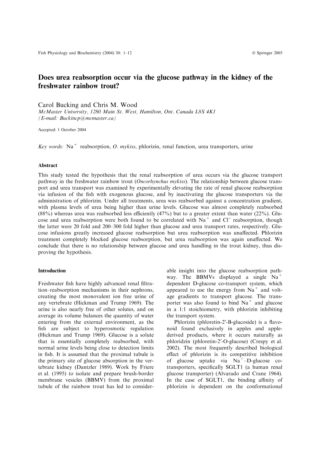 Does Urea Reabsorption Occur Via the Glucose Pathway in the Kidney of the Freshwater Rainbow Trout?