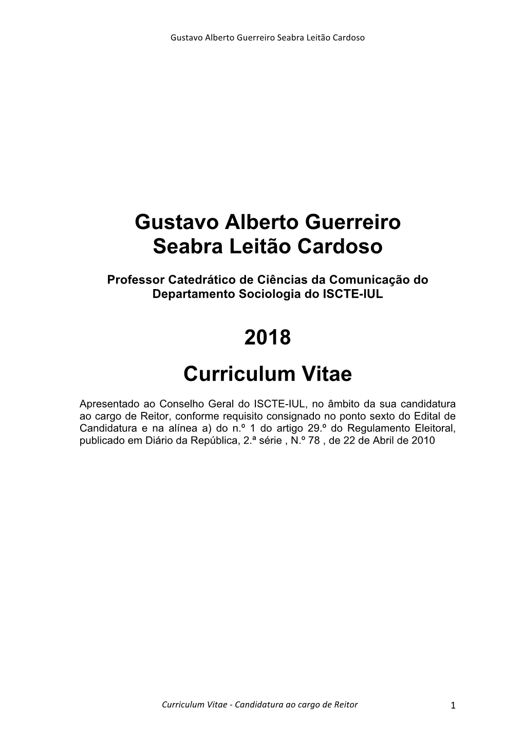 Gustavo Alberto Guerreiro Seabra Leitão Cardoso 2018 Curriculum Vitae