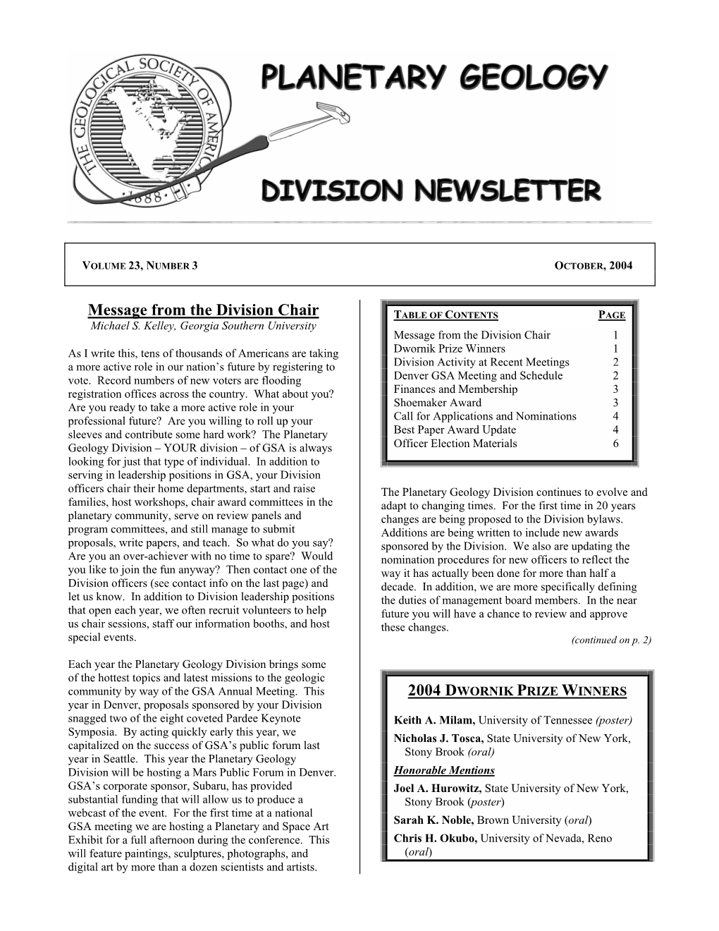 Message from the Division Chair TABLE of CONTENTS PAGE Michael S