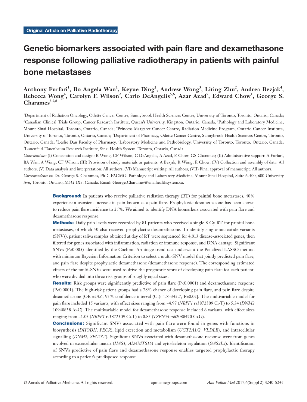 Genetic Biomarkers Associated with Pain Flare and Dexamethasone Response Following Palliative Radiotherapy in Patients with Painful Bone Metastases