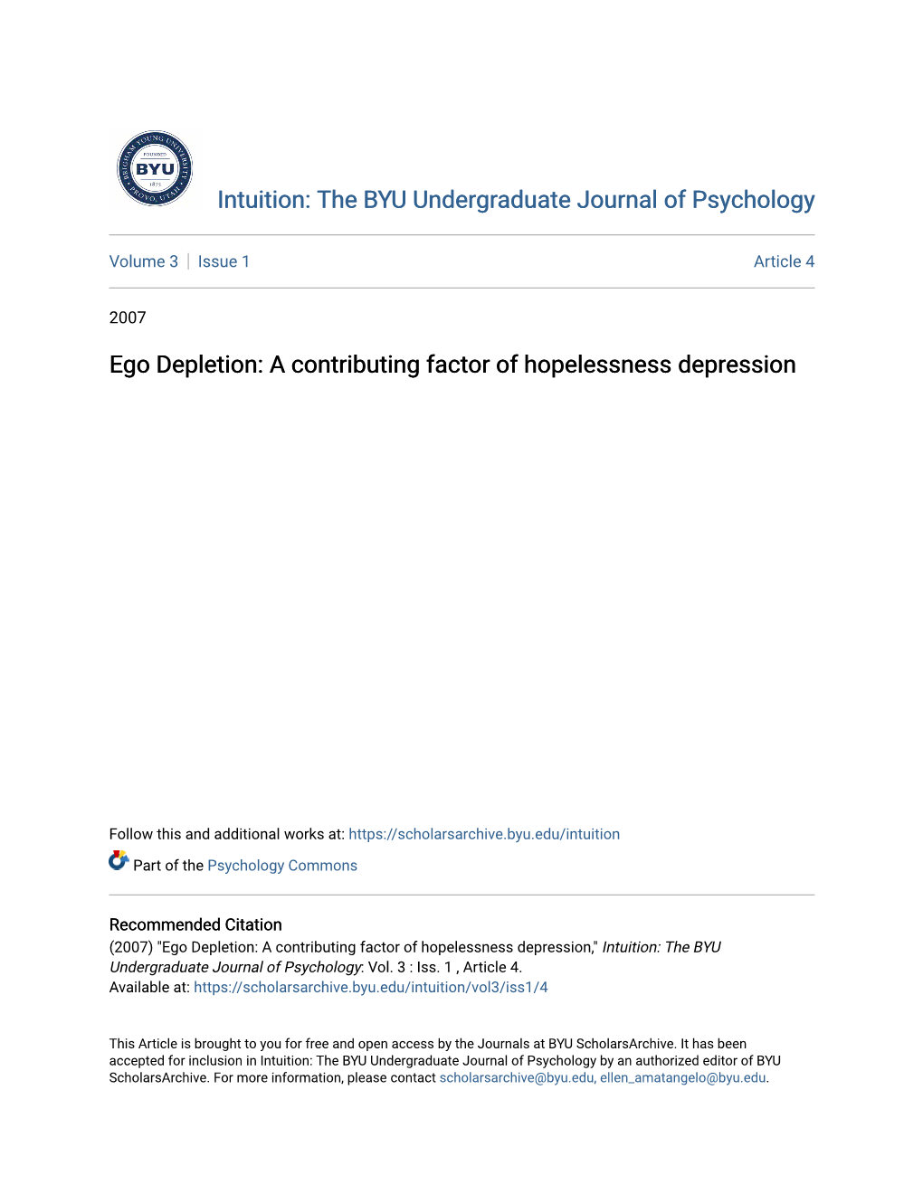 Ego Depletion: a Contributing Factor of Hopelessness Depression