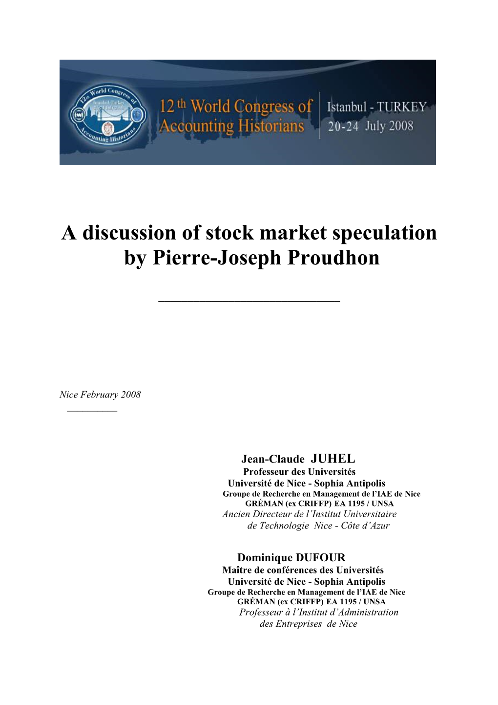 A Discussion of Stock Market Speculation by Pierre-Joseph Proudhon