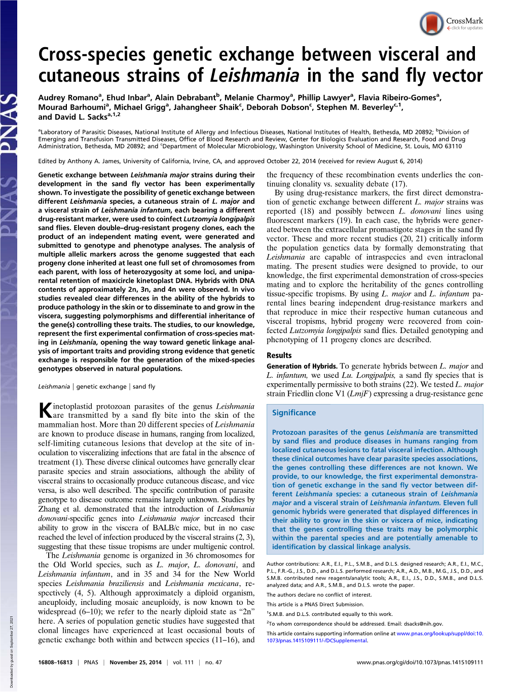 Cross-Species Genetic Exchange Between Visceral and Cutaneous Strains of Leishmania in the Sand Fly Vector