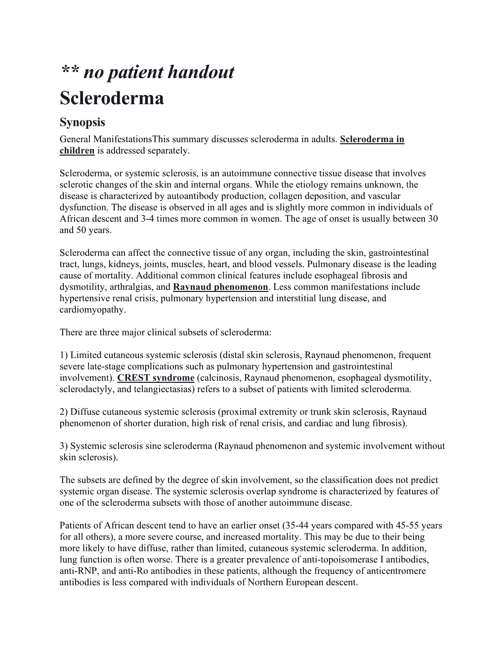** No Patient Handout Scleroderma Synopsis General Manifestationsthis Summary Discusses Scleroderma in Adults