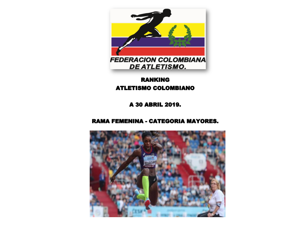 Ranking Atletismo Colombiano a 30 Abril 2019. Rama Femenina