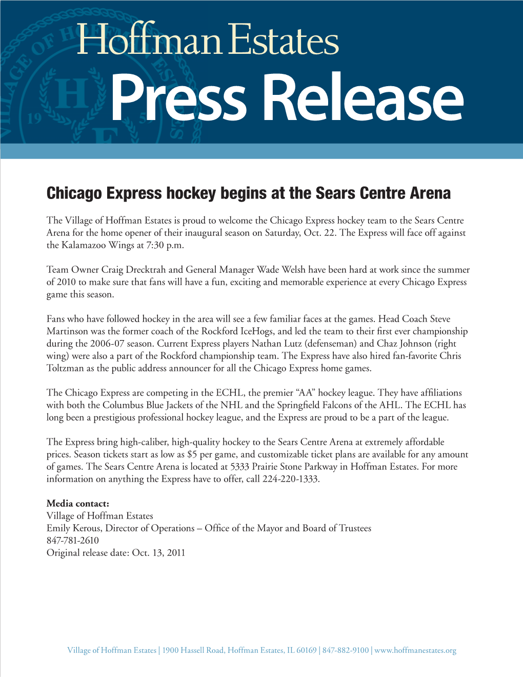 Chicago Express Hockey Begins at the Sears Centre Arena