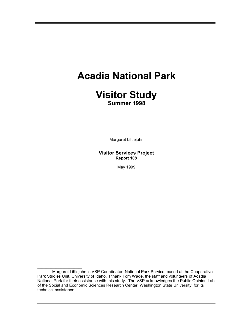 Acadia National Park Visitor Study Summer 1998