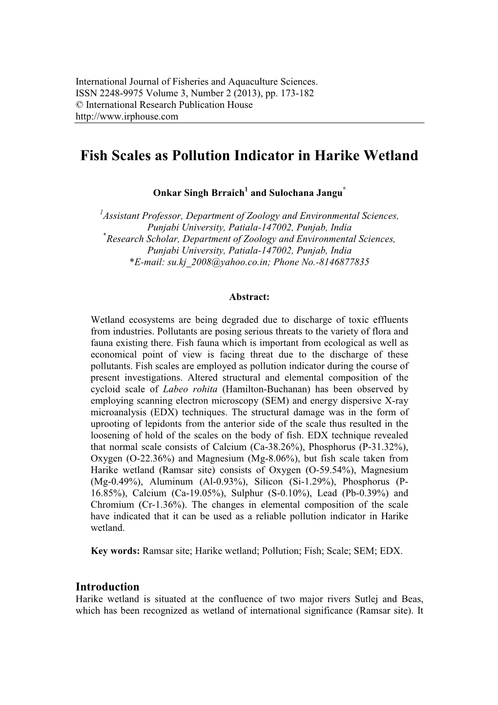 Fish Scales As Pollution Indicator in Harike Wetland