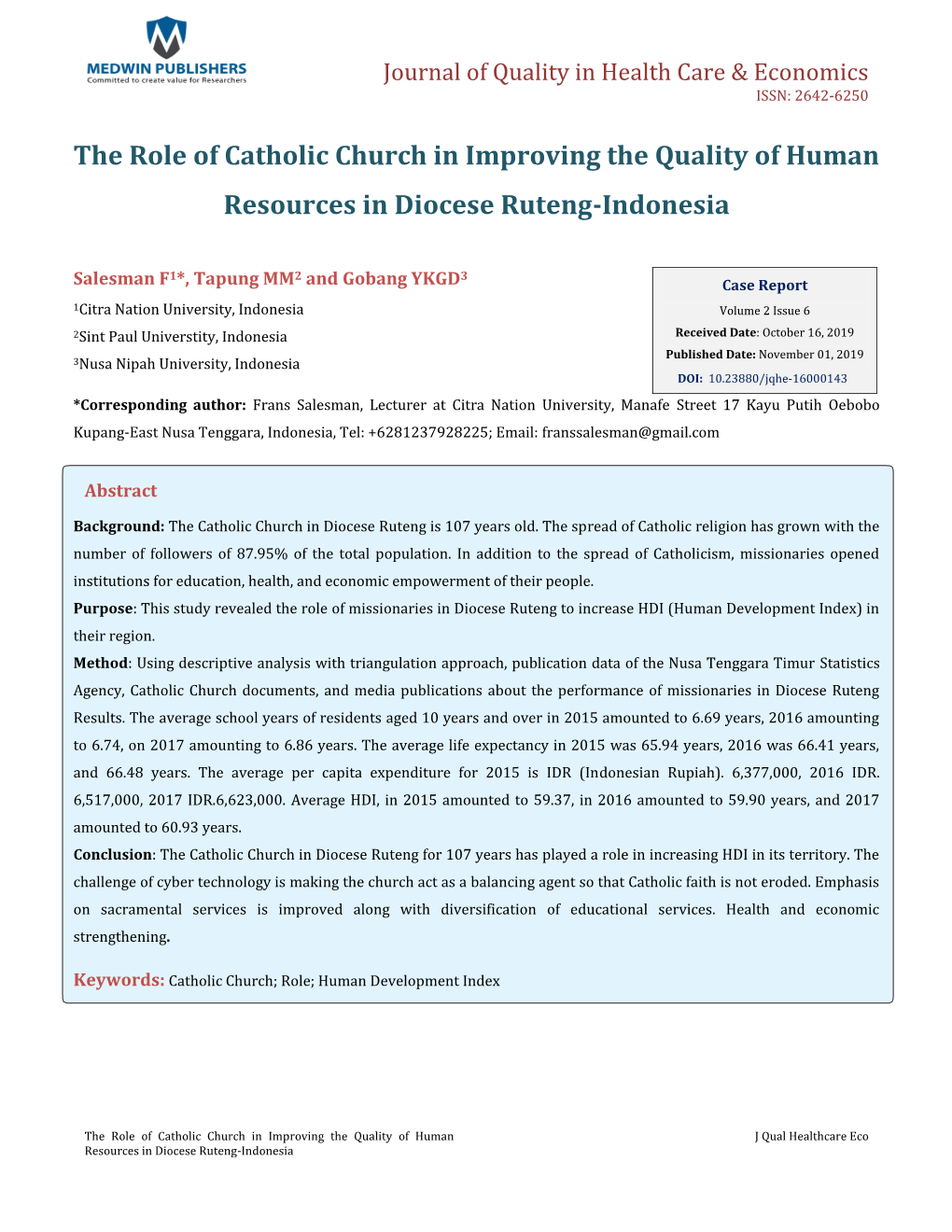 The Role of Catholic Church in Improving the Quality of Human Resources in Diocese Ruteng-Indonesia