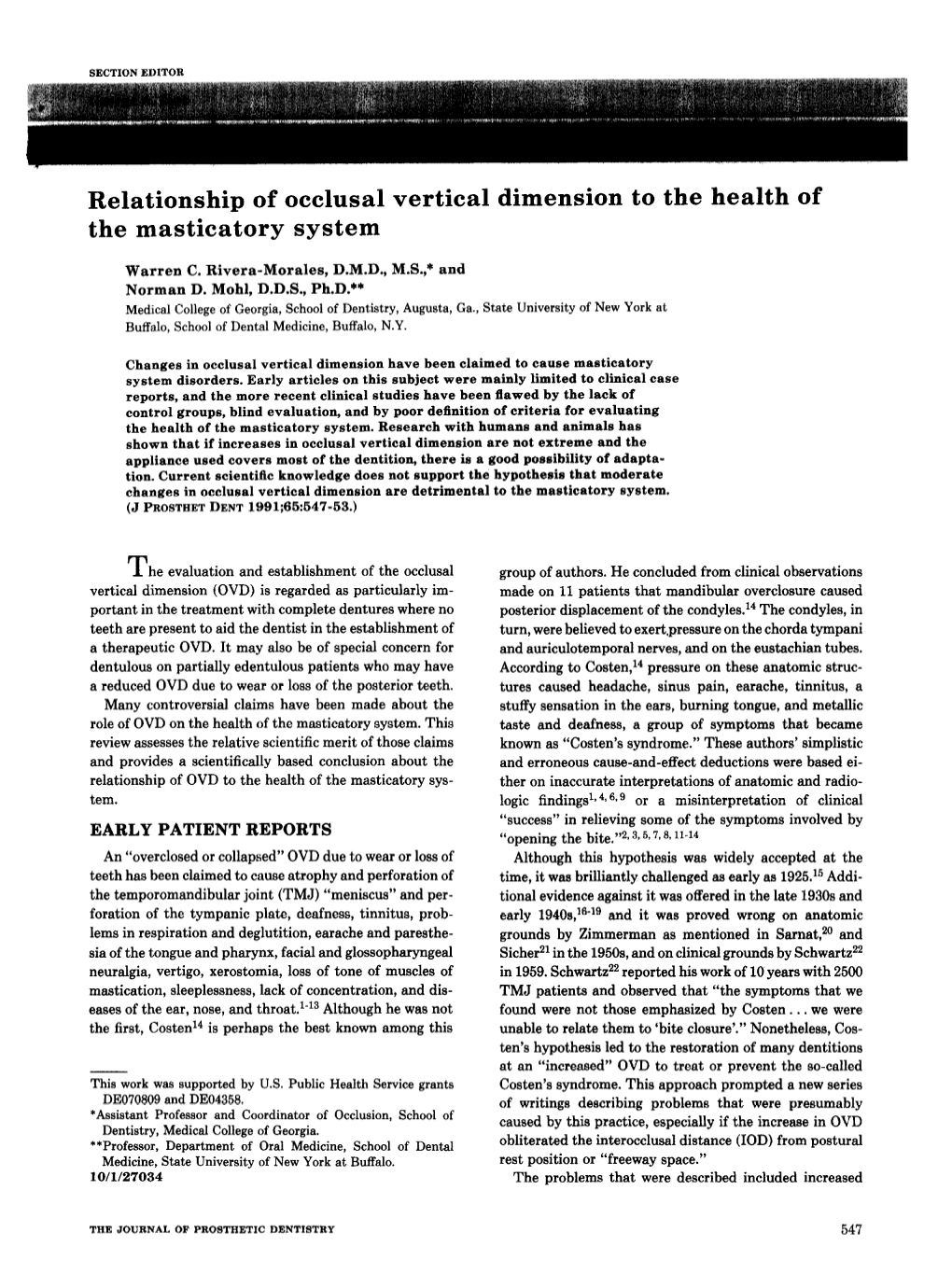Relationship of Occlusal Vertical Dimension to the Health of the Masticatory System