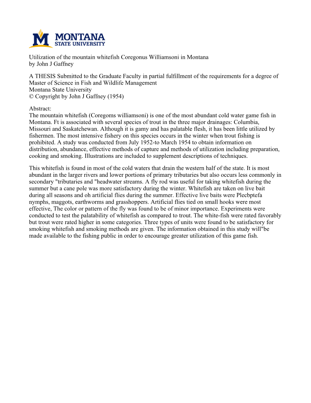 Utilization of the Mountain Whitefish Coregonus Williamsoni in Montana by John J Gaffney a THESIS Submitted to the Graduate Facu