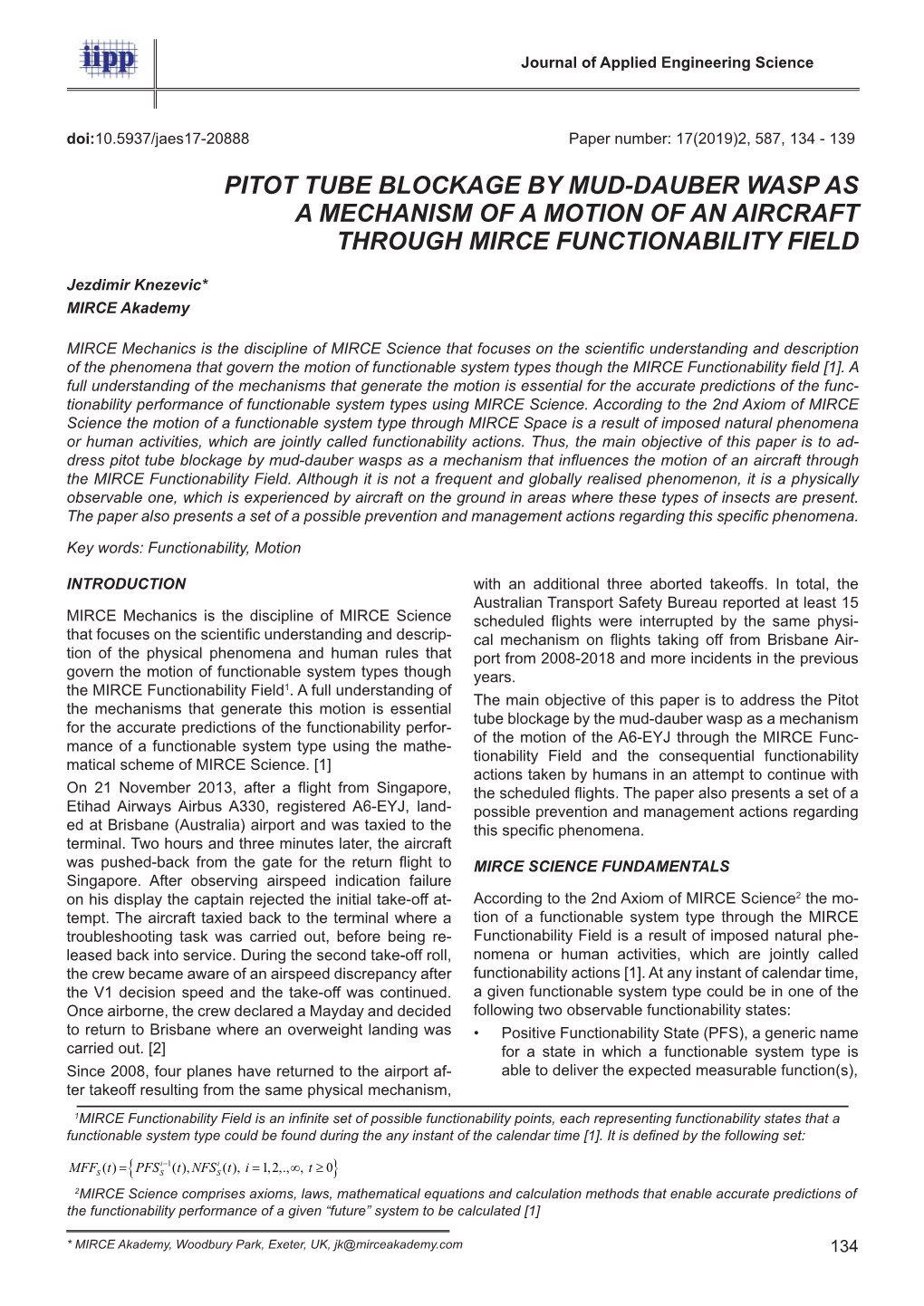 Pitot Tube Blockage by Mud-Dauber Wasp As a Mechanism of a Motion of an Aircraft Through Mirce Functionability Field