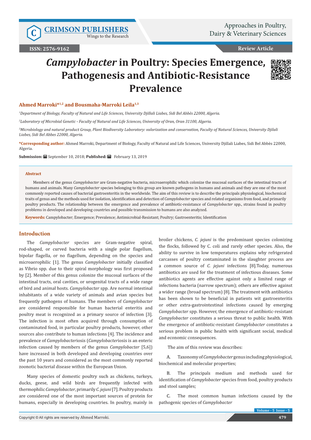 Campylobacter in Poultry: Species Emergence, Pathogenesis and Antibiotic-Resistance Prevalence