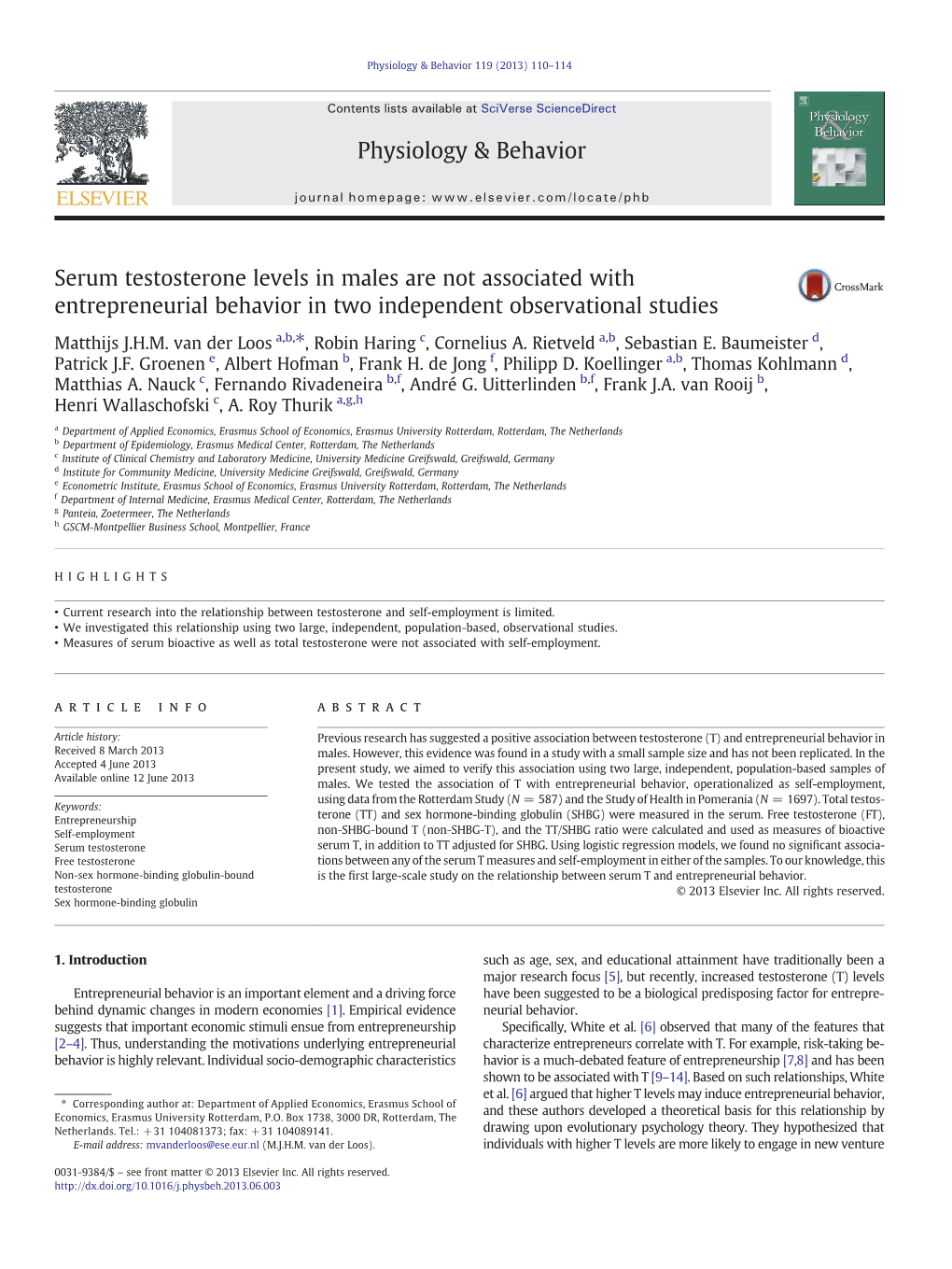 Serum Testosterone Levels in Males Are Not Associated with Entrepreneurial Behavior in Two Independent Observational Studies