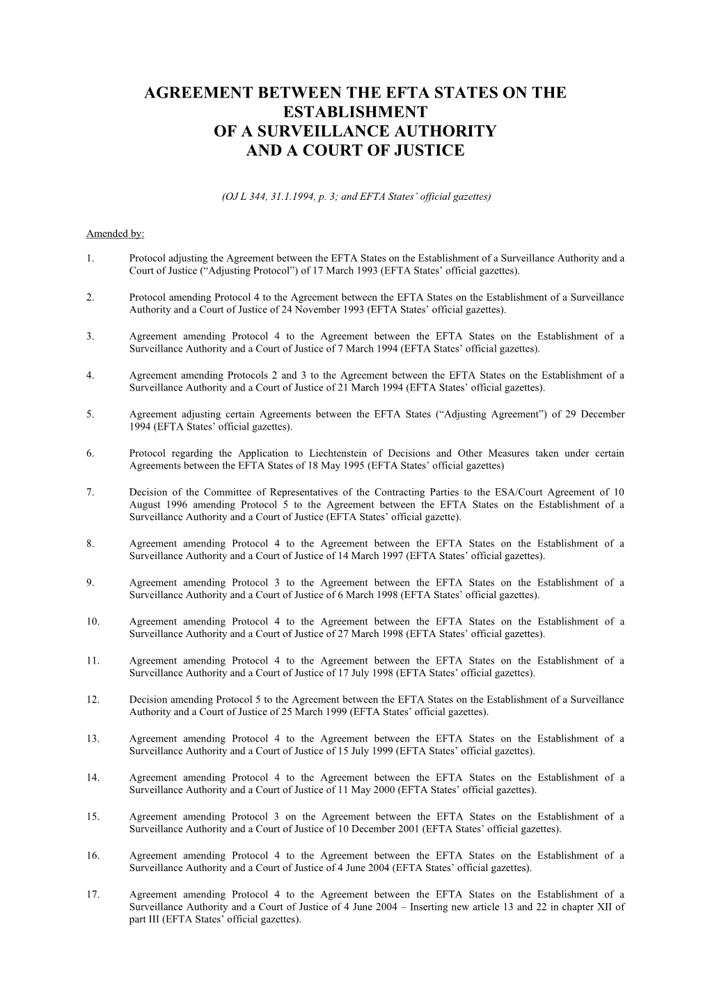 Agreement Between the Efta States on the Establishment of a Surveillance Authority and a Court of Justice