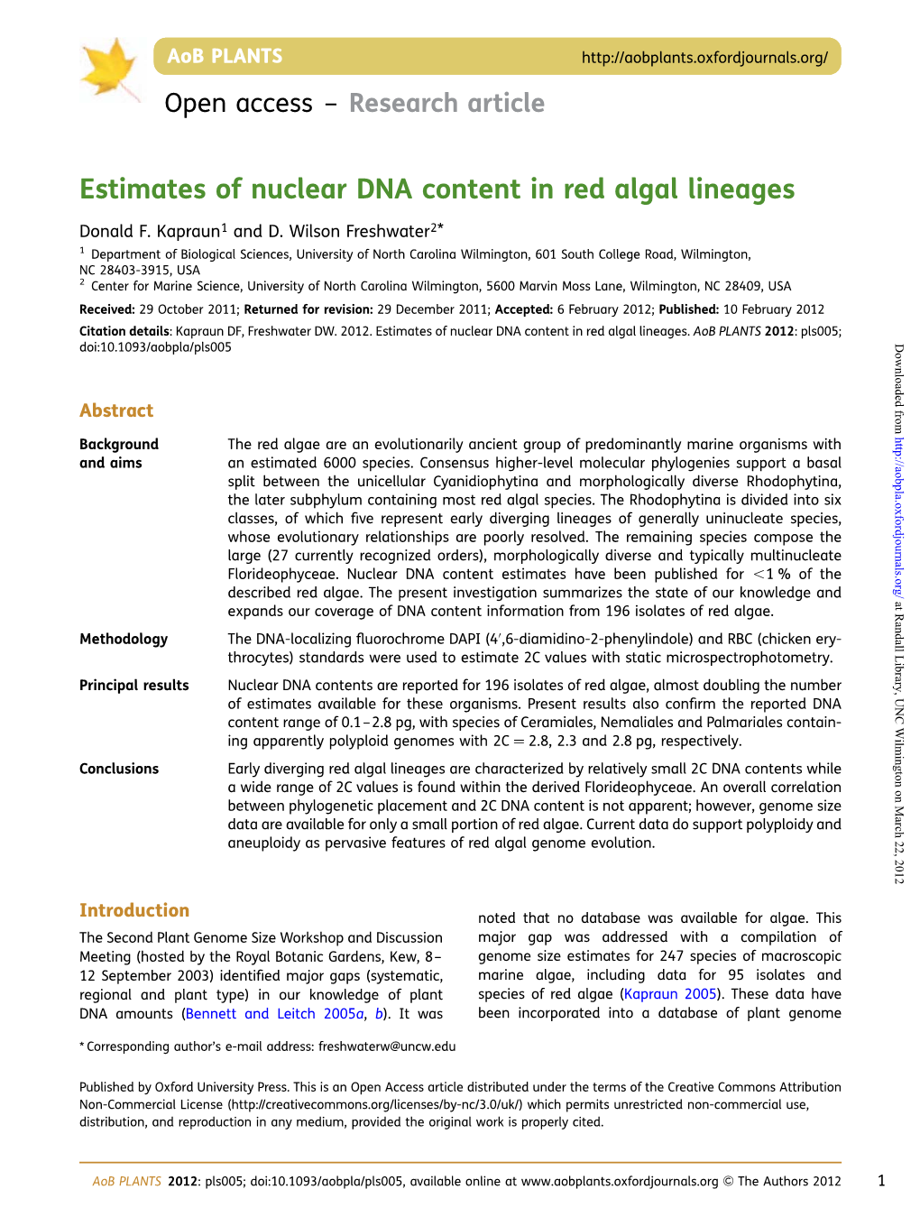 Estimates of Nuclear DNA Content in Red Algal Lineages