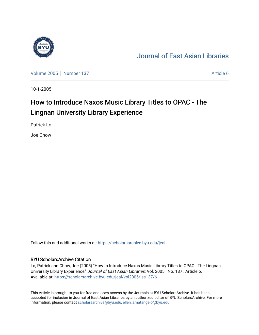 How to Introduce Naxos Music Library Titles to OPAC - the Lingnan University Library Experience