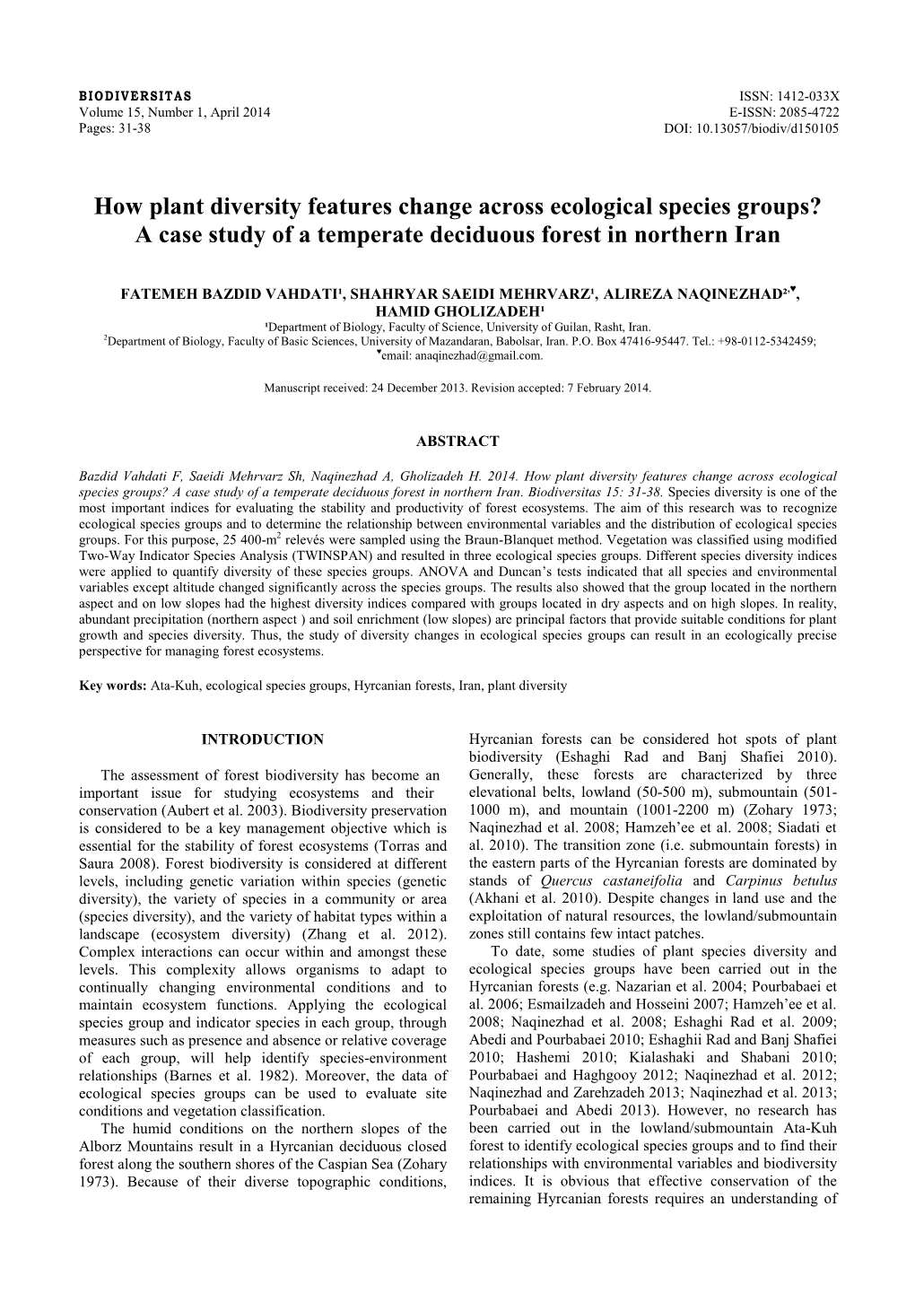 How Plant Diversity Features Change Across Ecological Species Groups? a Case Study of a Temperate Deciduous Forest in Northern Iran