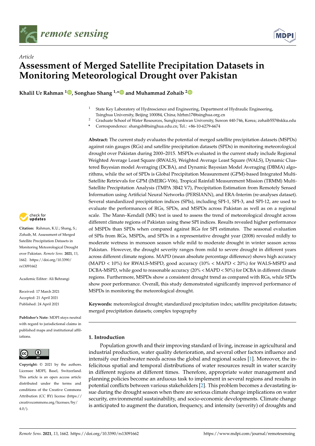 Assessment of Merged Satellite Precipitation Datasets in Monitoring Meteorological Drought Over Pakistan