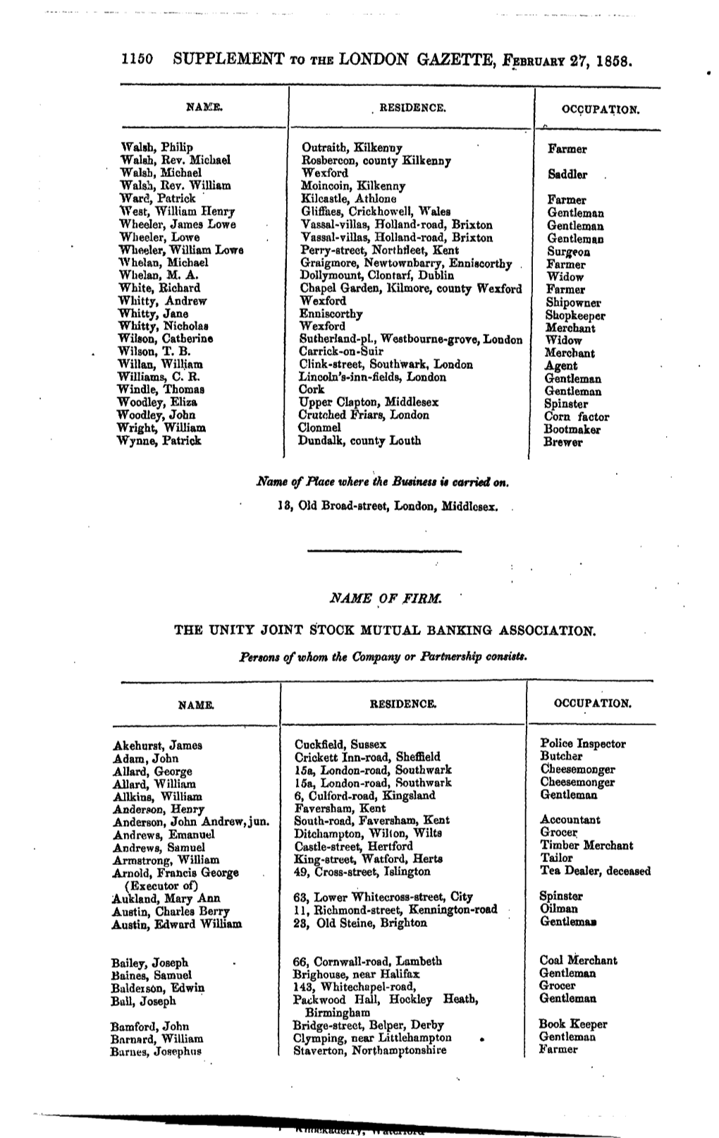 1150 Supplement to the London Gazette, February 27, 1858