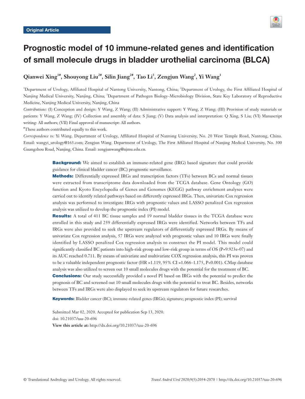 Prognostic Model of 10 Immune-Related Genes and Identification of Small Molecule Drugs in Bladder Urothelial Carcinoma (BLCA)