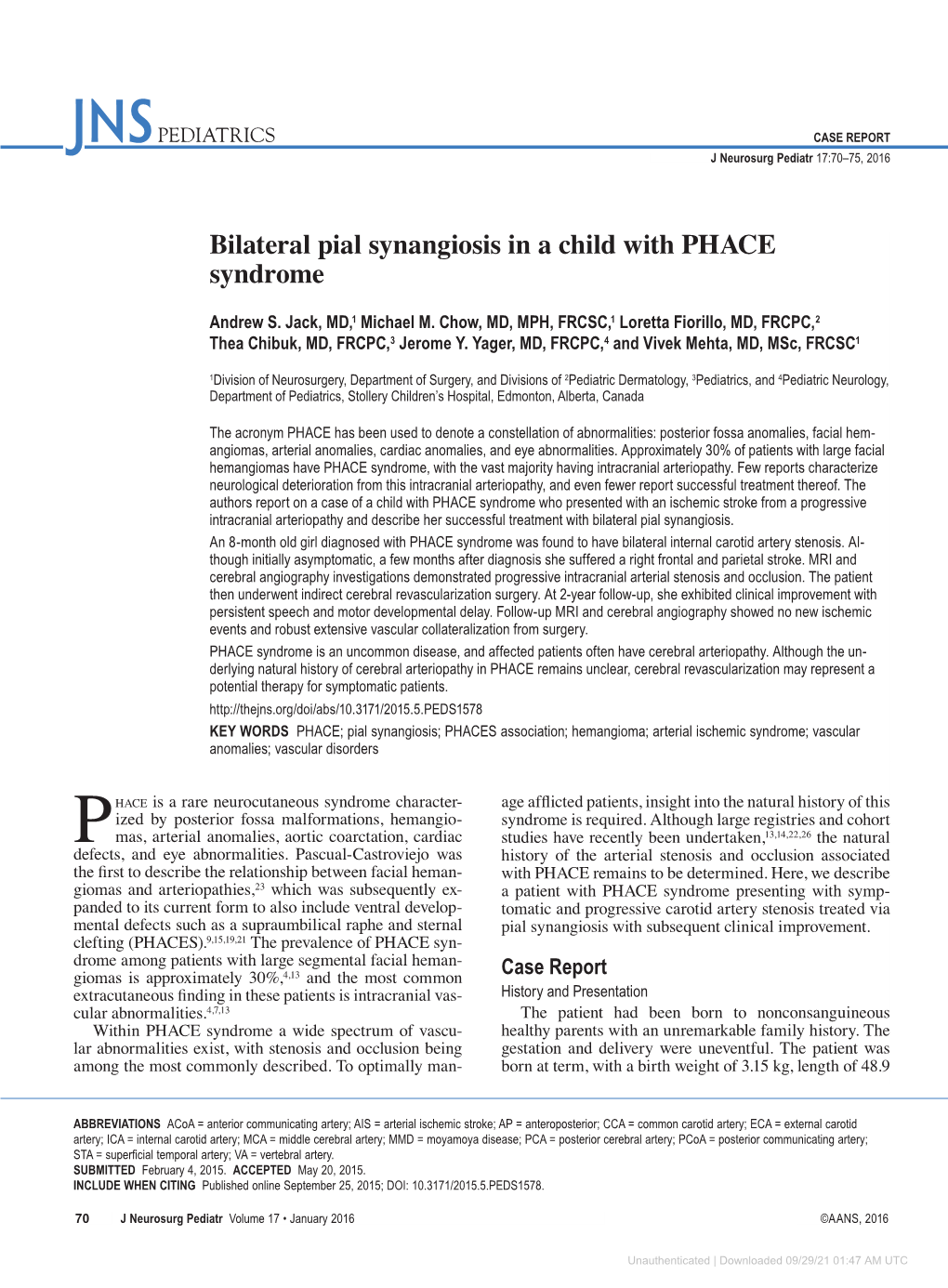 Bilateral Pial Synangiosis in a Child with PHACE Syndrome