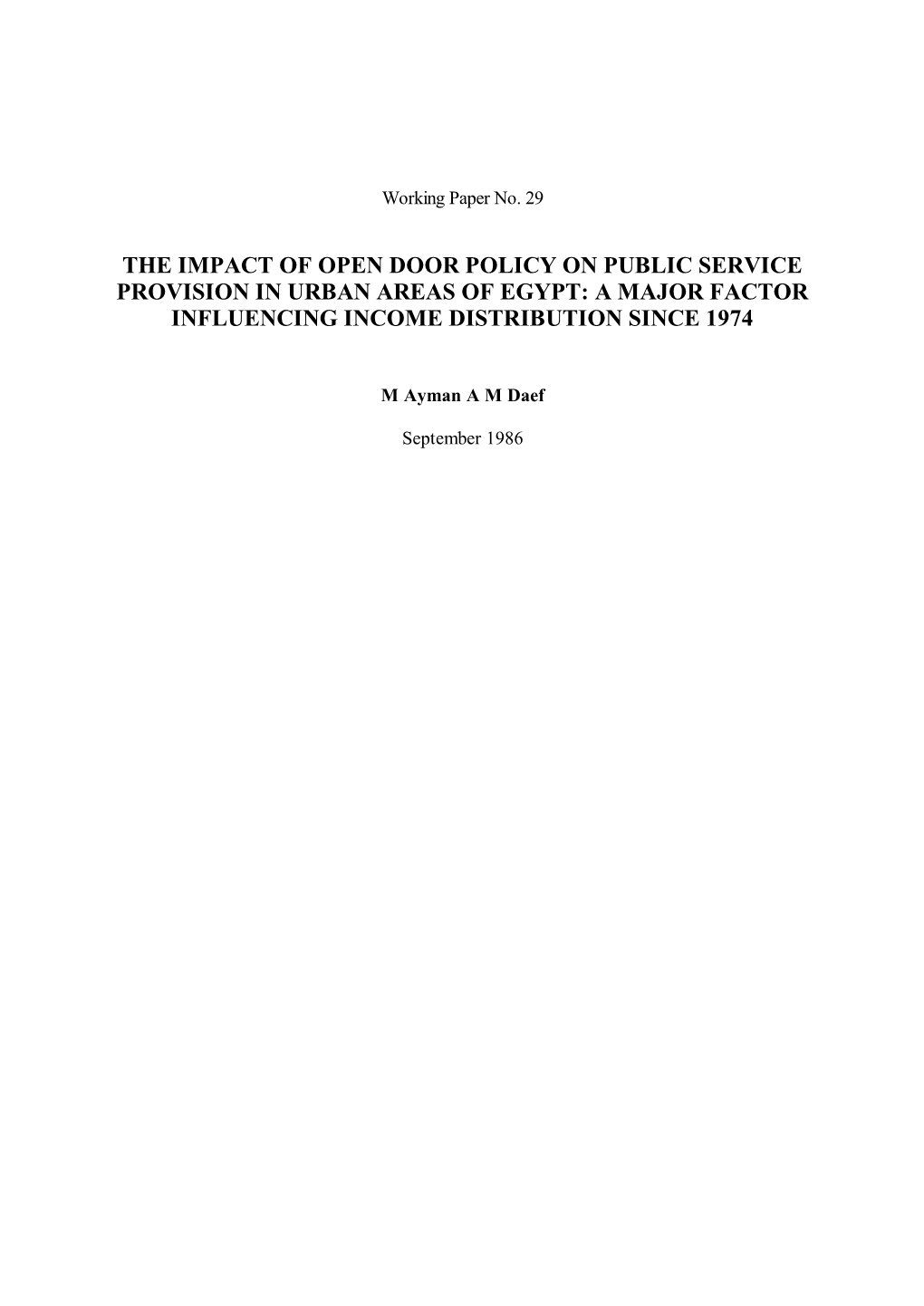 The Impact of Open Door Policy on Public Service Provision in Urban Areas of Egypt: a Major Factor Influencing Income Distribution Since 1974