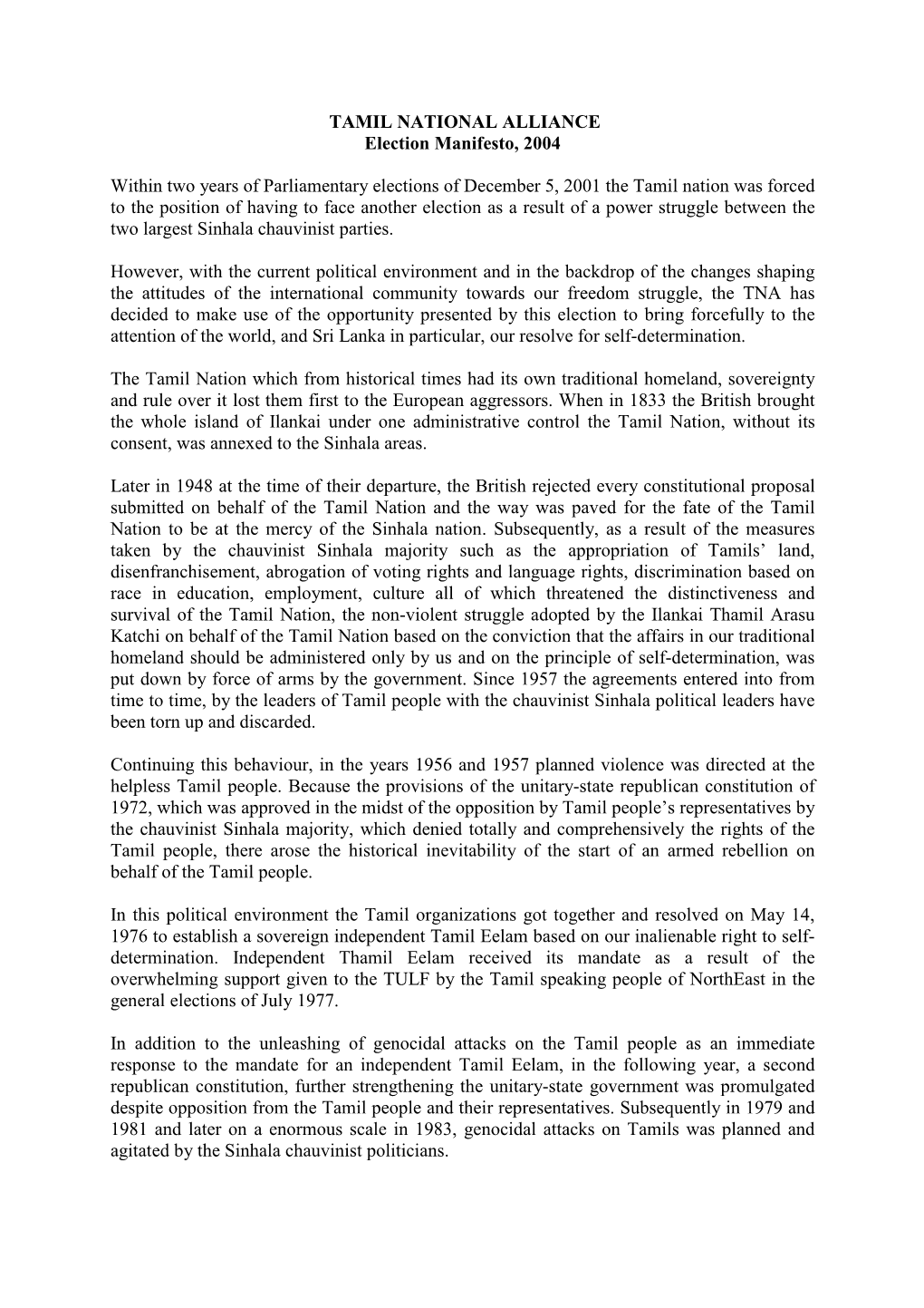 TAMIL NATIONAL ALLIANCE Election Manifesto 2004