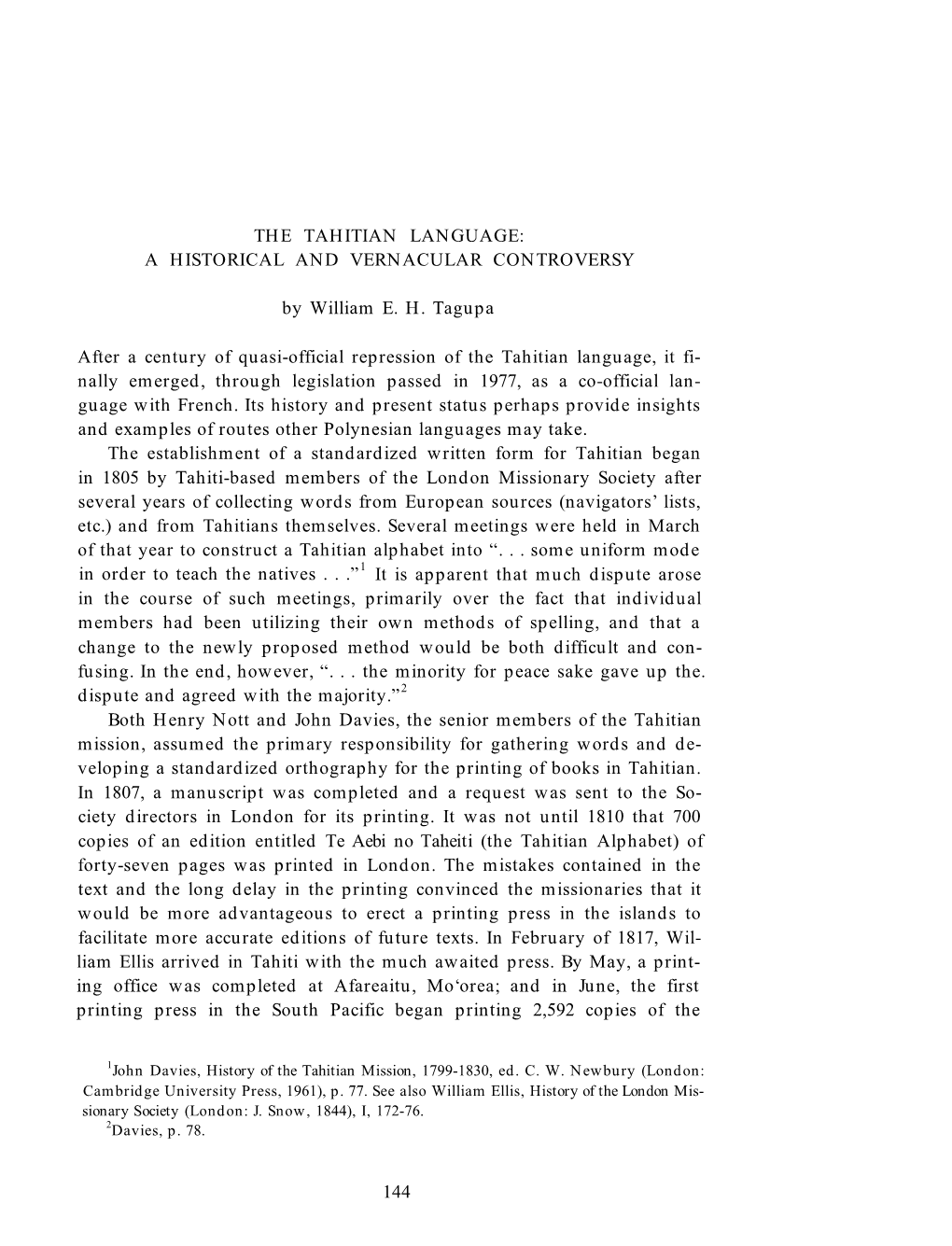 The Tahitian Language: a Historical and Vernacular Controversy