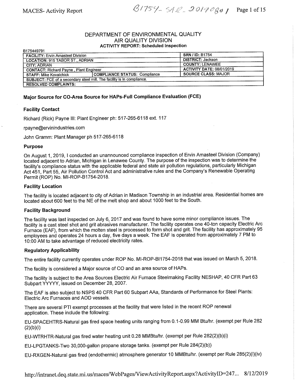 MACES- Activity Report F{D / Page 1 of 15