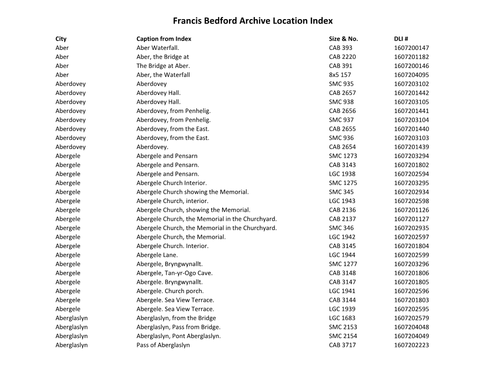 Francis Bedford Archive Location Index