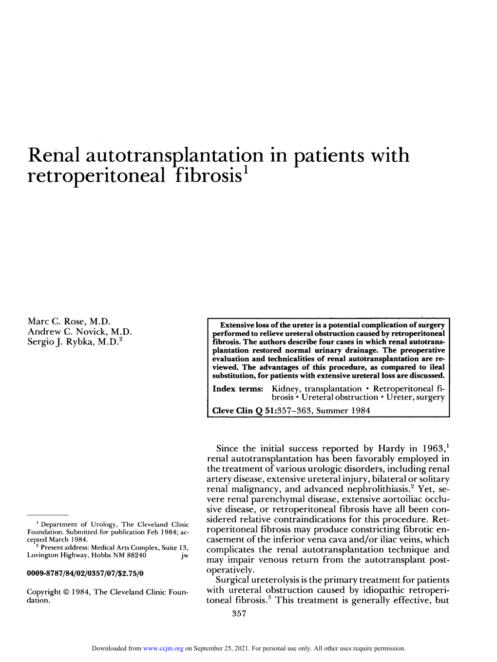 Renal Autotransplantation in Patients with Retroperitoneal Fibrosis1