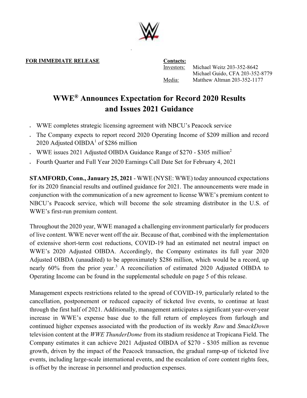 WWE® Announces Expectation for Record 2020 Results and Issues 2021 Guidance