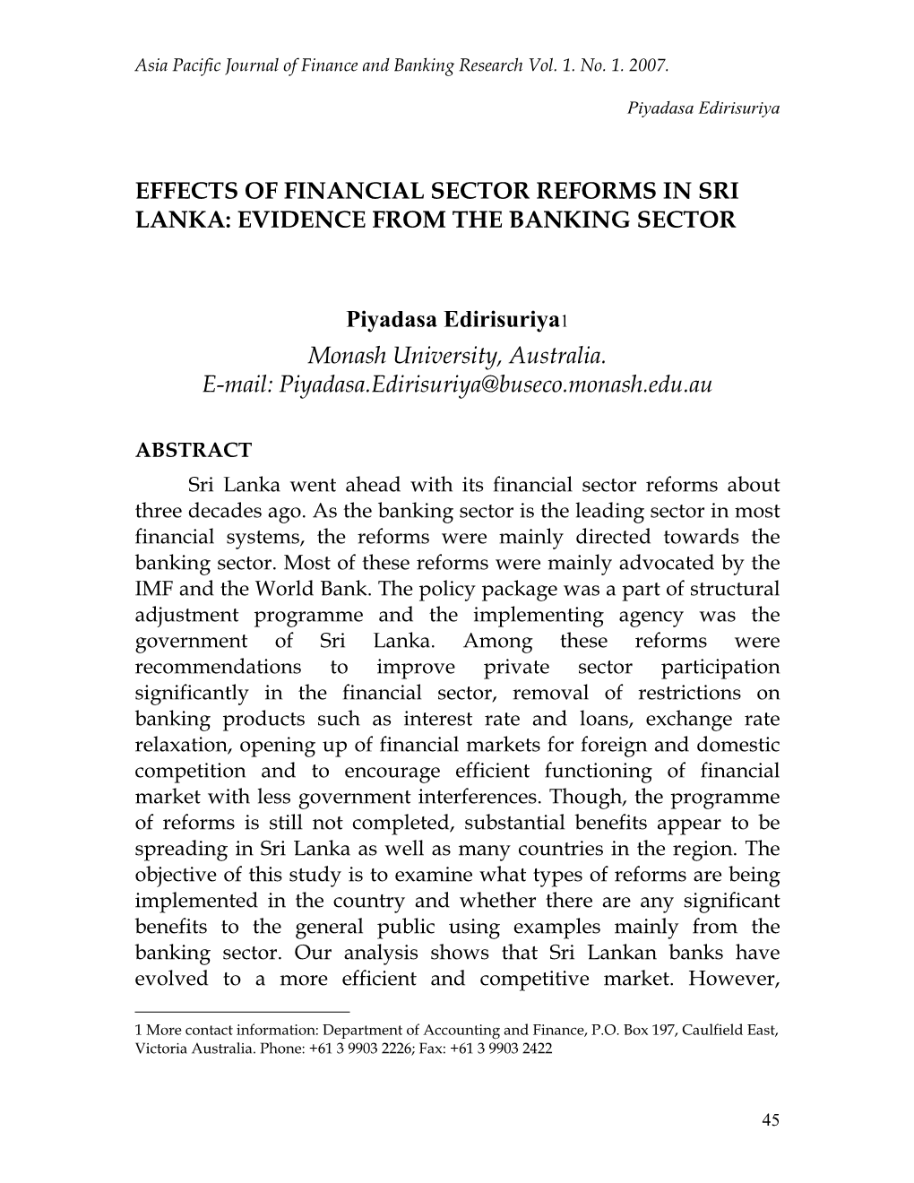 Effects of Financial Sector Reforms in Sri Lanka: Evidence from the Banking Sector