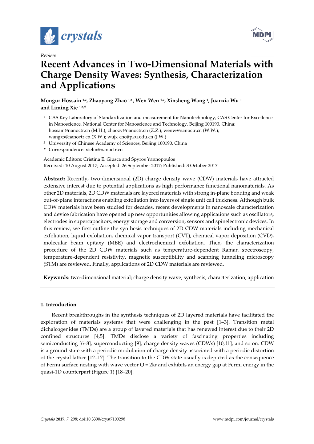 Recent Advances in Two-Dimensional Materials with Charge Density Waves: Synthesis, Characterization and Applications