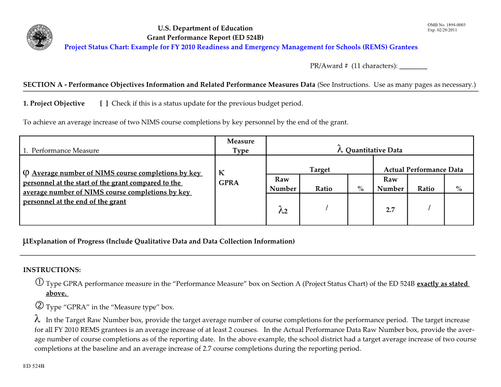 ED Grant Performance Report Project Status Chart (MS Word)