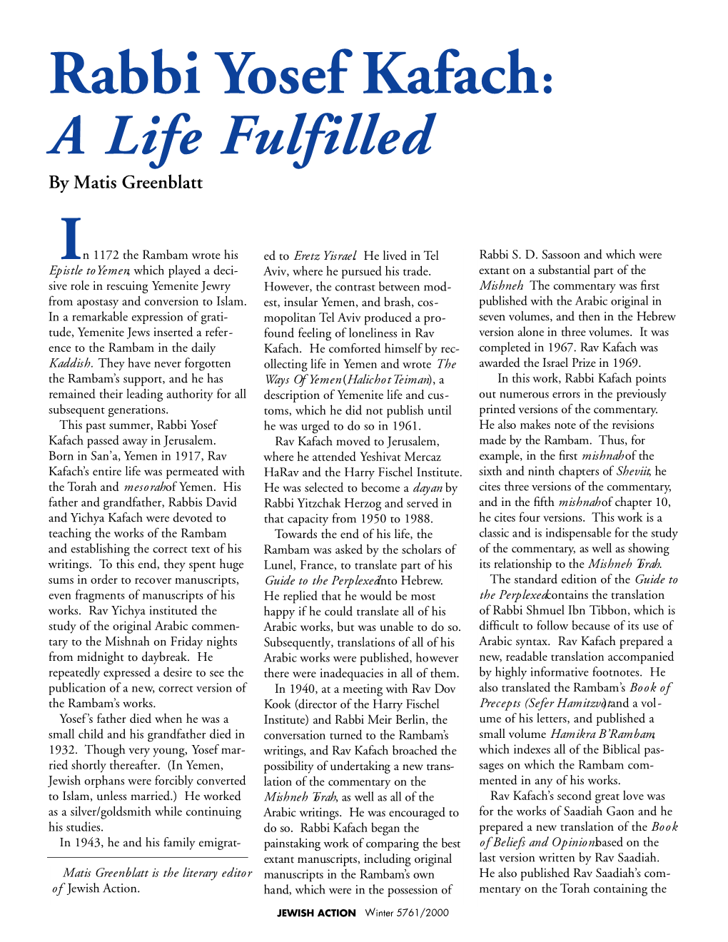 Rabbi Yosef Kafach: a Life Fulfilled by Matis Greenblatt