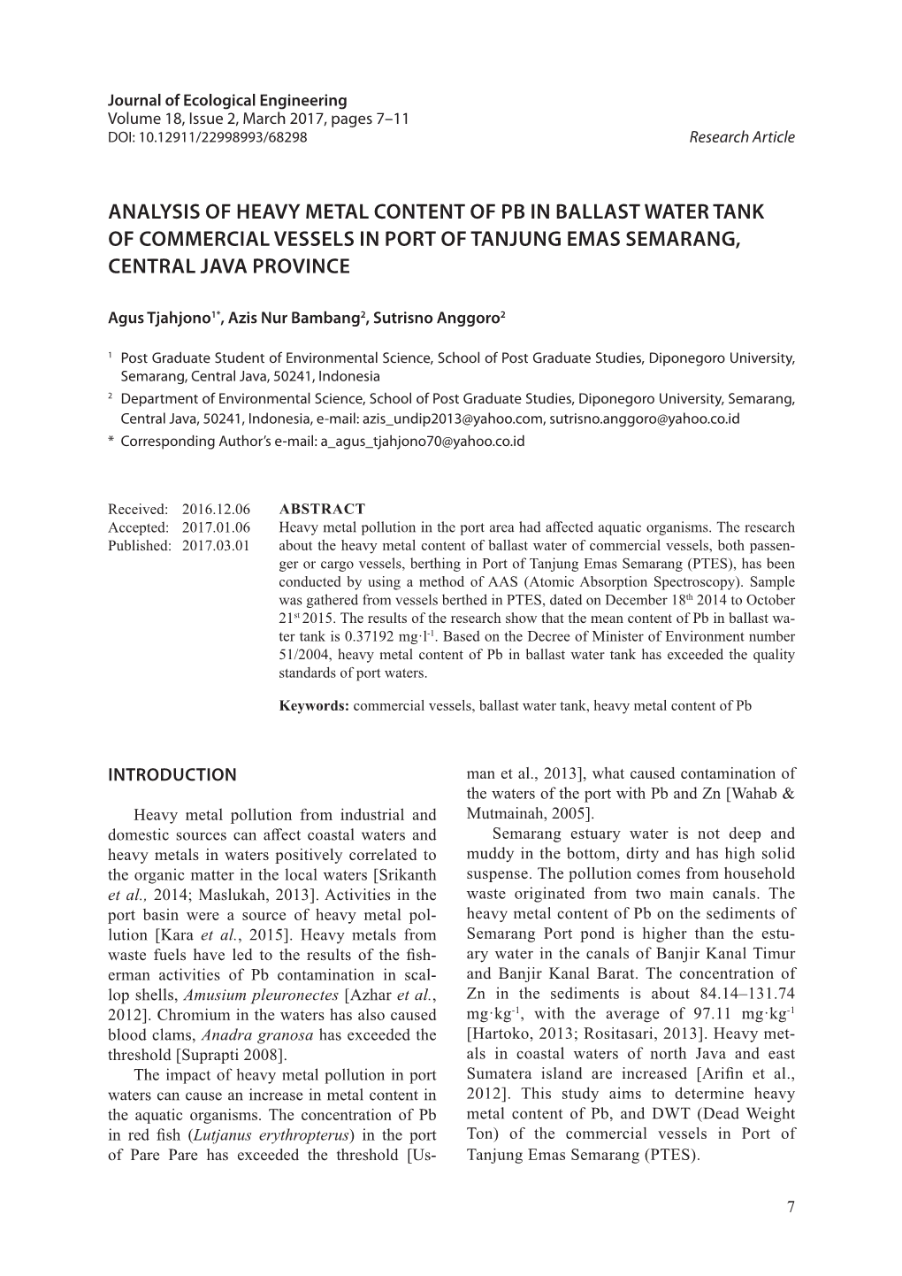 Analysis of Heavy Metal Content of Pb in Ballast Water Tank of Commercial Vessels in Port of Tanjung Emas Semarang, Central Java Province