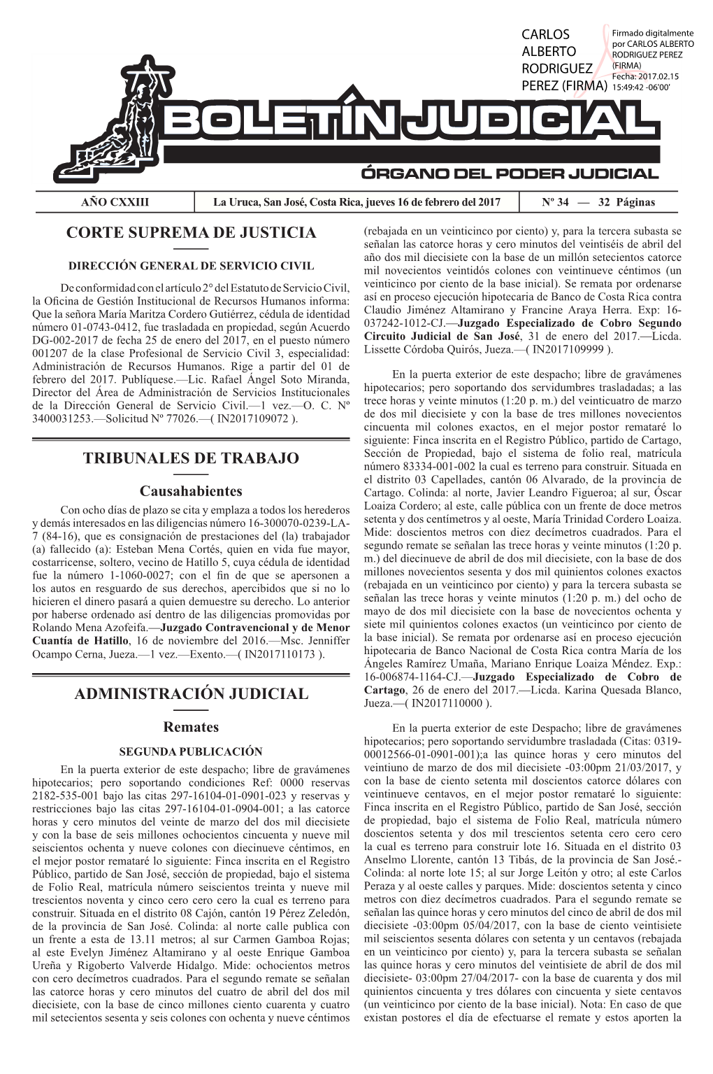 Boletín Judicial N° 34 Del 16 De Febrero Del 2017