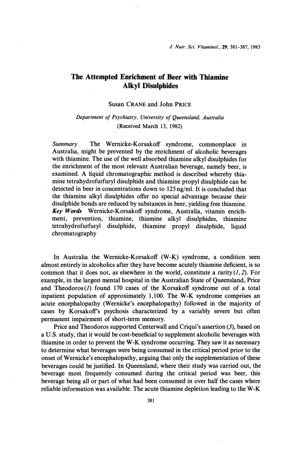 The Attempted Enrichment of Beer with Thiamine Alkyl Disulphides