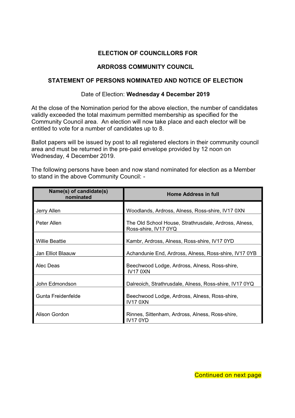 Election of Councillors for Ardross