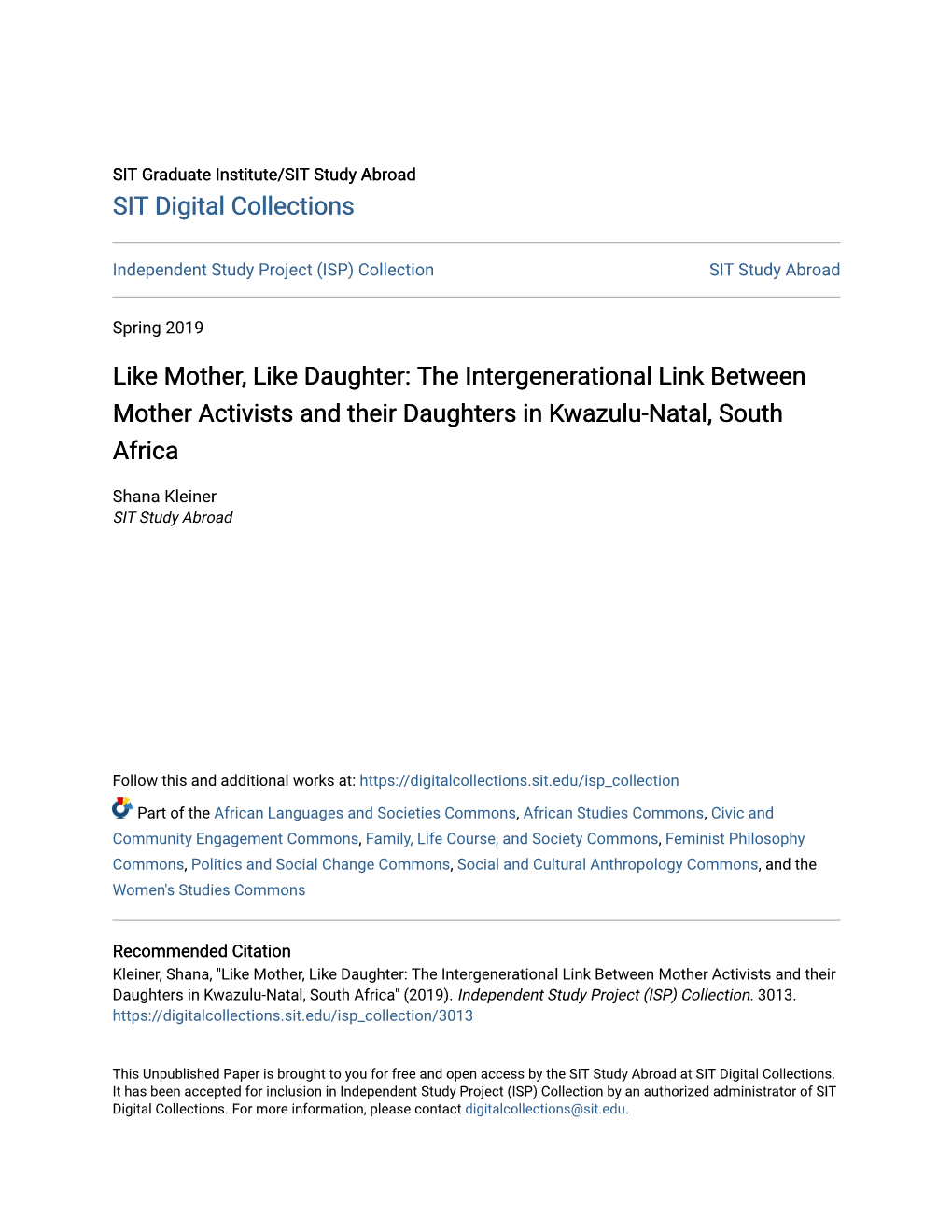The Intergenerational Link Between Mother Activists and Their Daughters in Kwazulu-Natal, South Africa