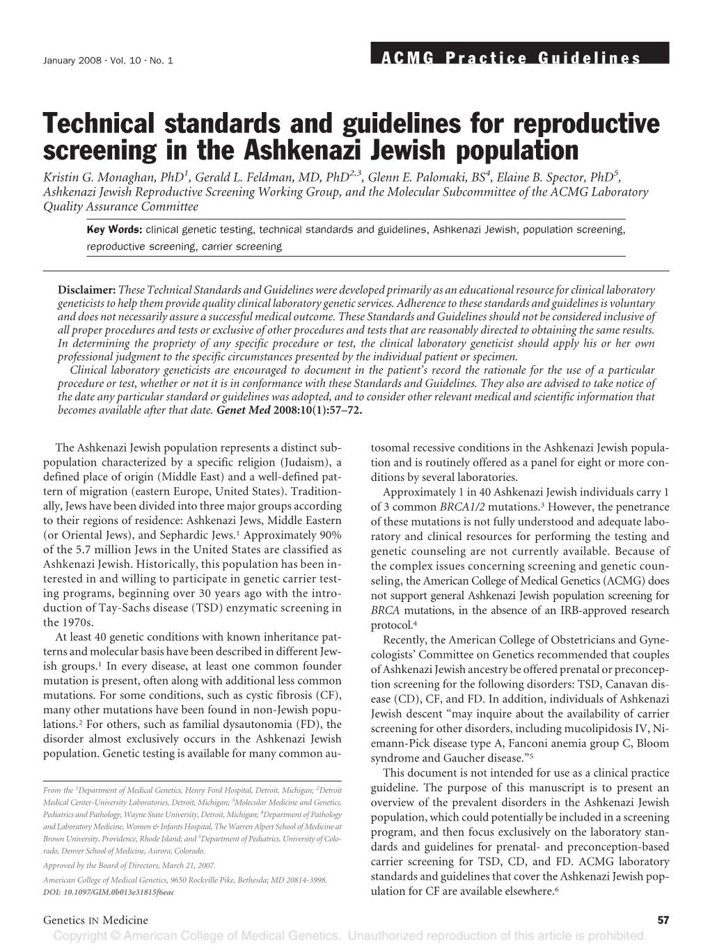 Technical Standards and Guidelines for Reproductive Screening in the Ashkenazi Jewish Population Kristin G