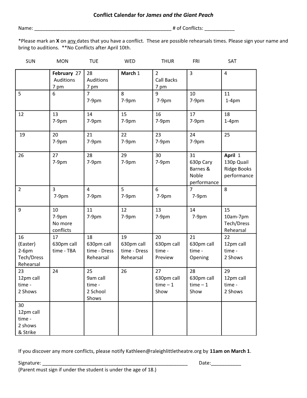 Conflict Calendar for Snoopy the Musical