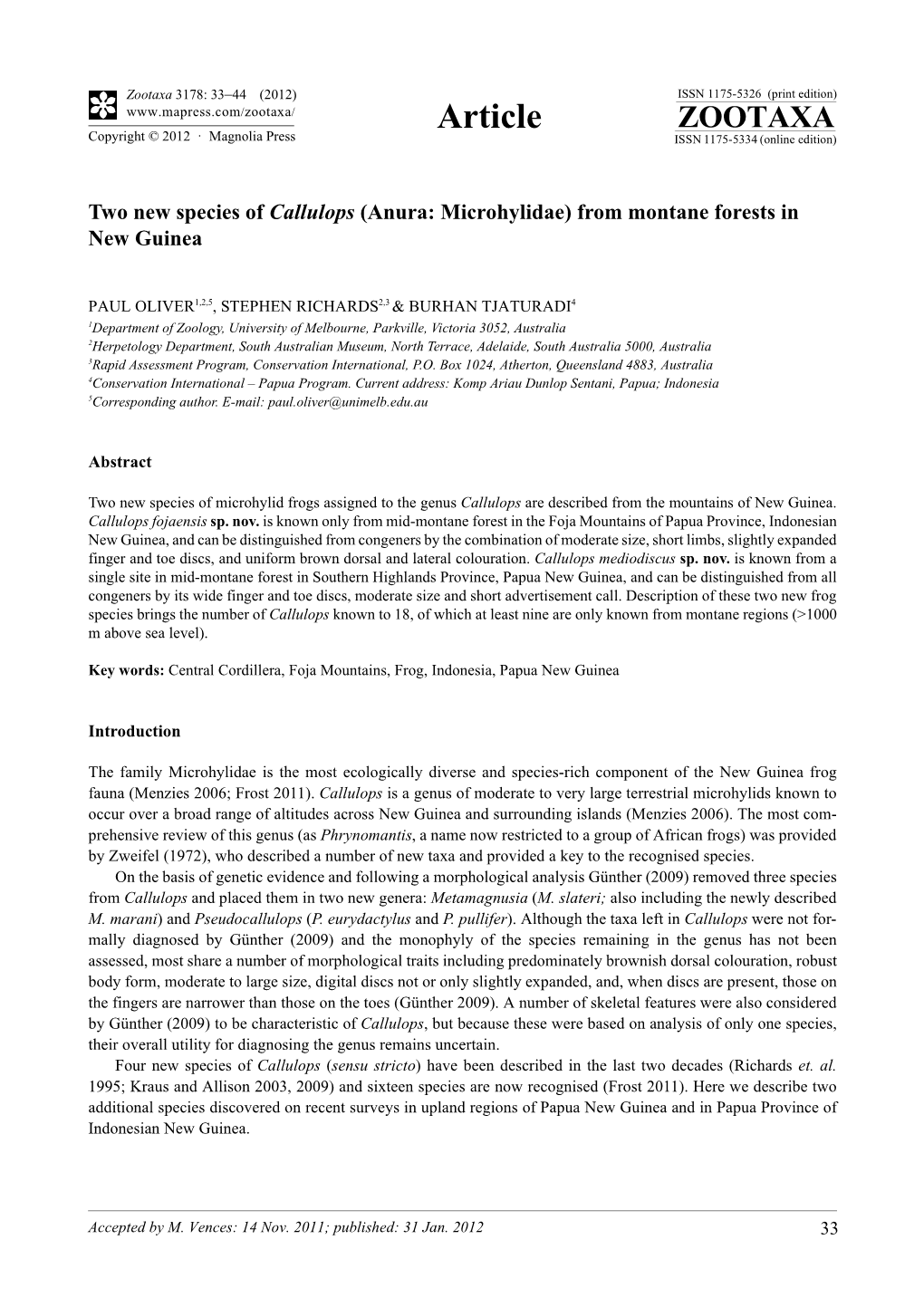 Two New Species of Callulops (Anura: Microhylidae) from Montane Forests in New Guinea