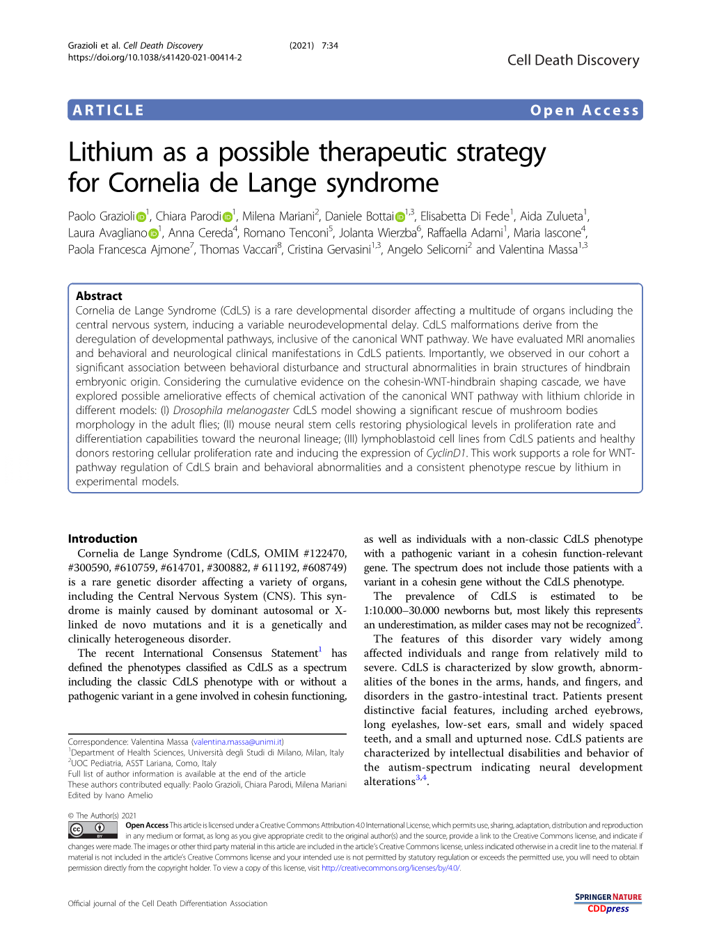 Lithium As a Possible Therapeutic Strategy for Cornelia De Lange Syndrome