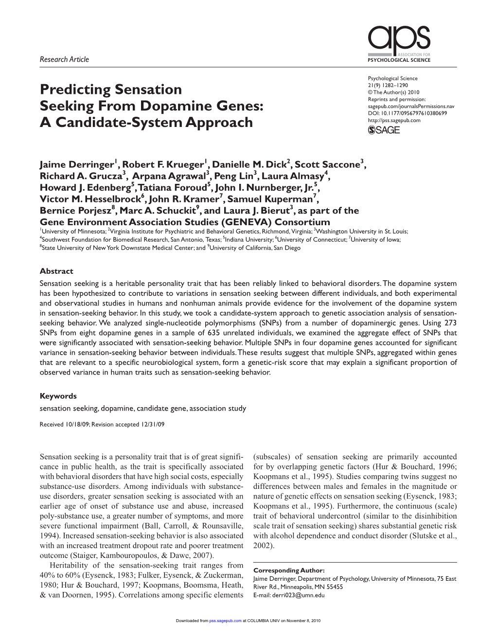 Predicting Sensation Seeking from Dopamine Genes